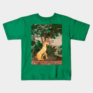 UNICORN IN WOODLAND LANDSCAPE AMONG GREENERY AND TREES Pink Green Hues Kids T-Shirt